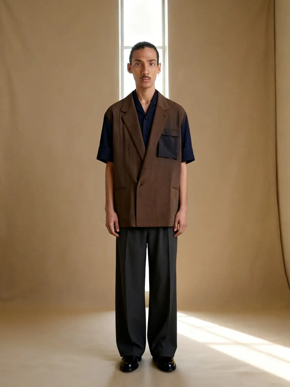Brunette dry-silk jacket, ink utility shirt